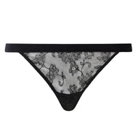 Black lace thong with a floral lace pattern and solid black waistband and g-string base, shown flat on a white background.
