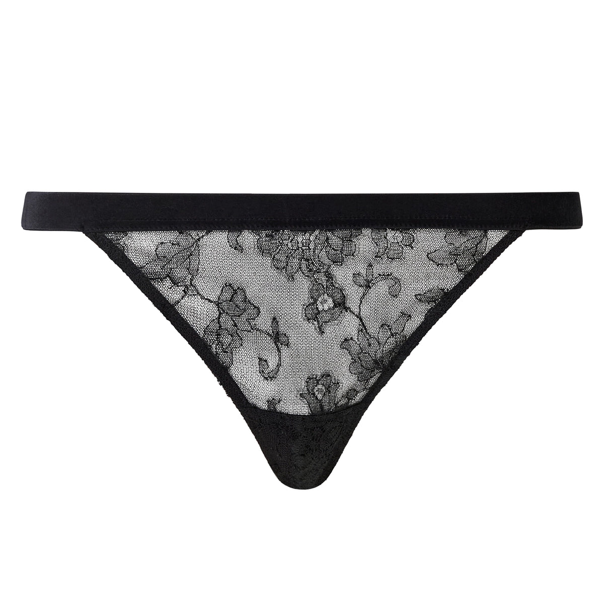Black lace thong with a floral lace pattern and solid black waistband and g-string base, shown flat on a white background.