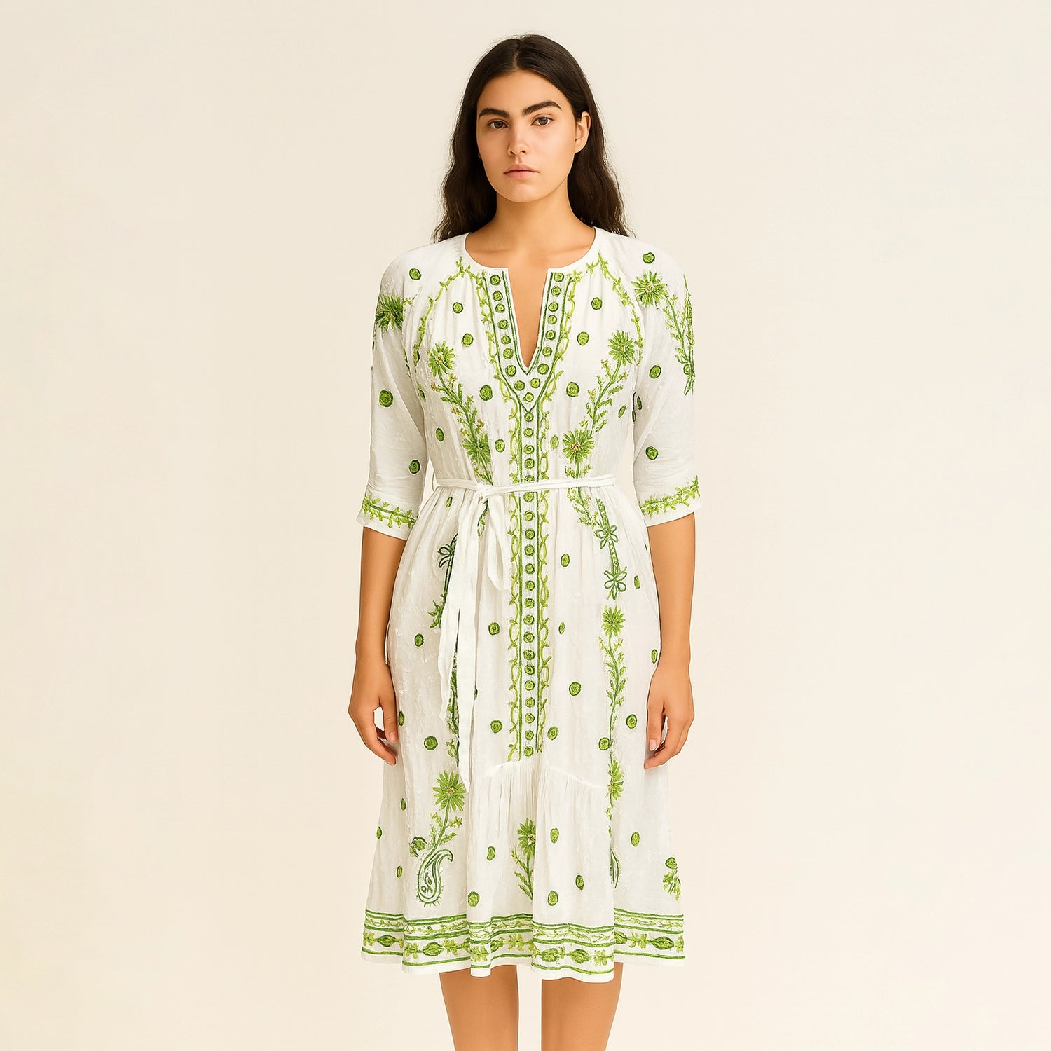 Grace White Green Embroidery Dress