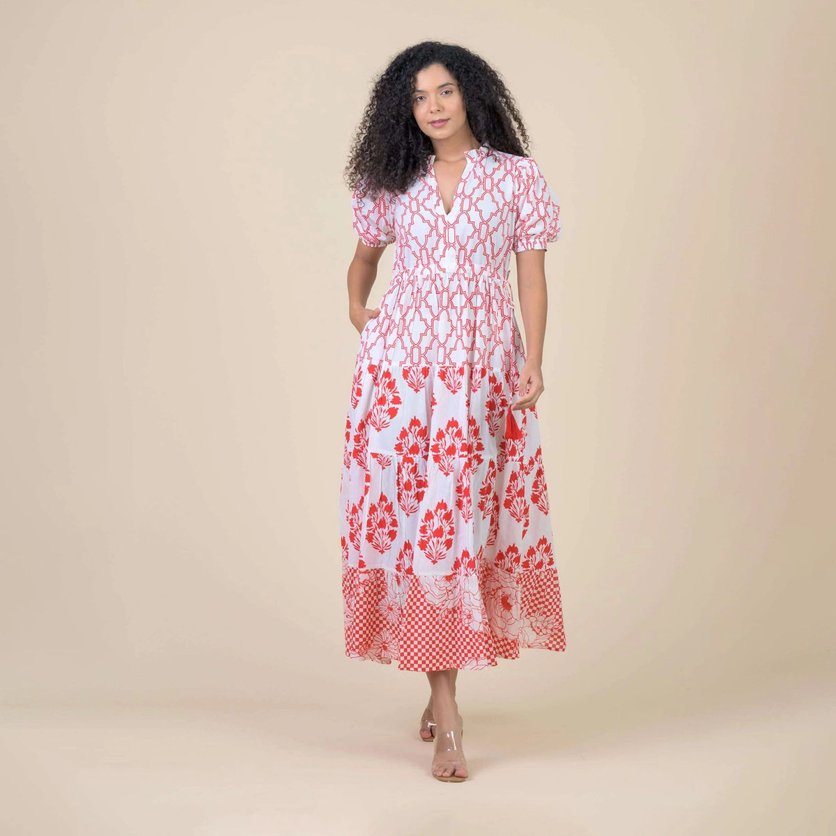 red and white long summer dress