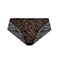 Black floral lace panties with a sheer brown mesh center panel and scalloped edges, shown flat on a white background.