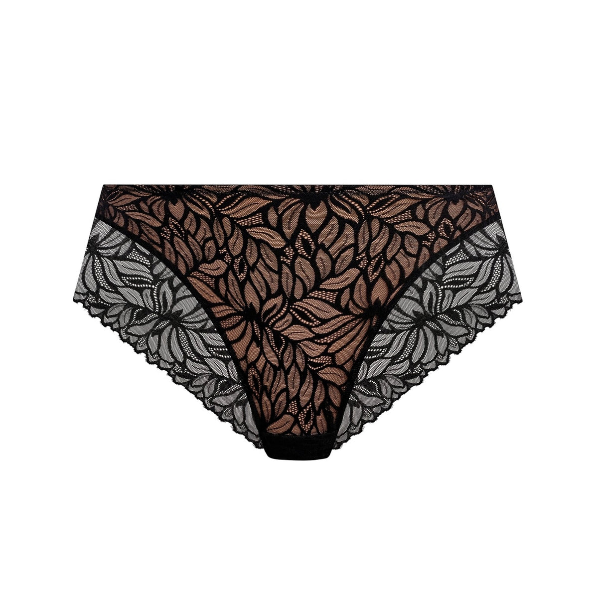 Black floral lace panties with a sheer brown mesh center panel and scalloped edges, shown flat on a white background.
