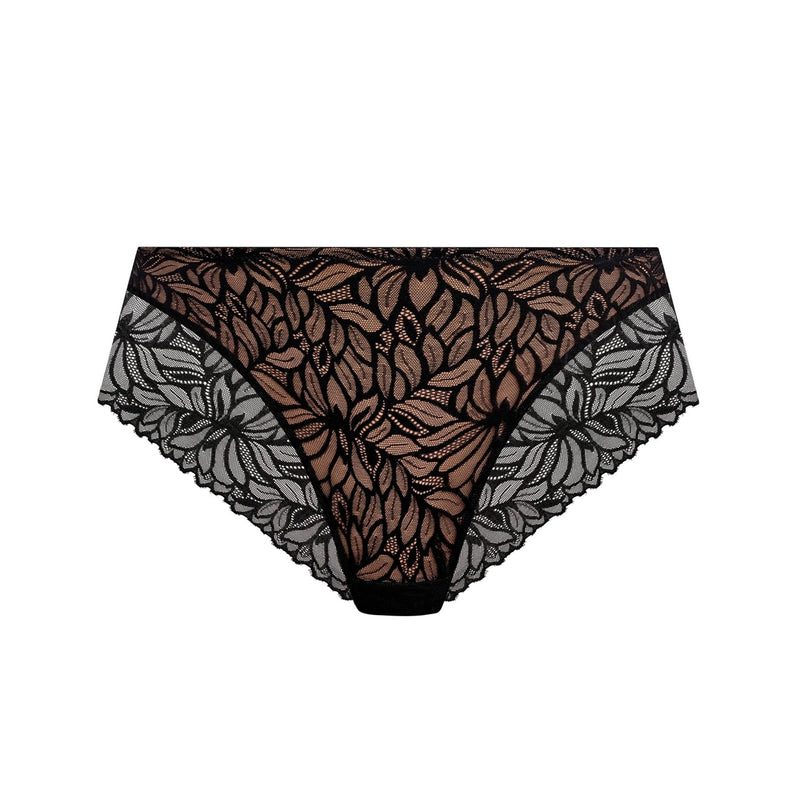Black floral lace panties with a sheer brown mesh center panel and scalloped edges, shown flat on a white background.