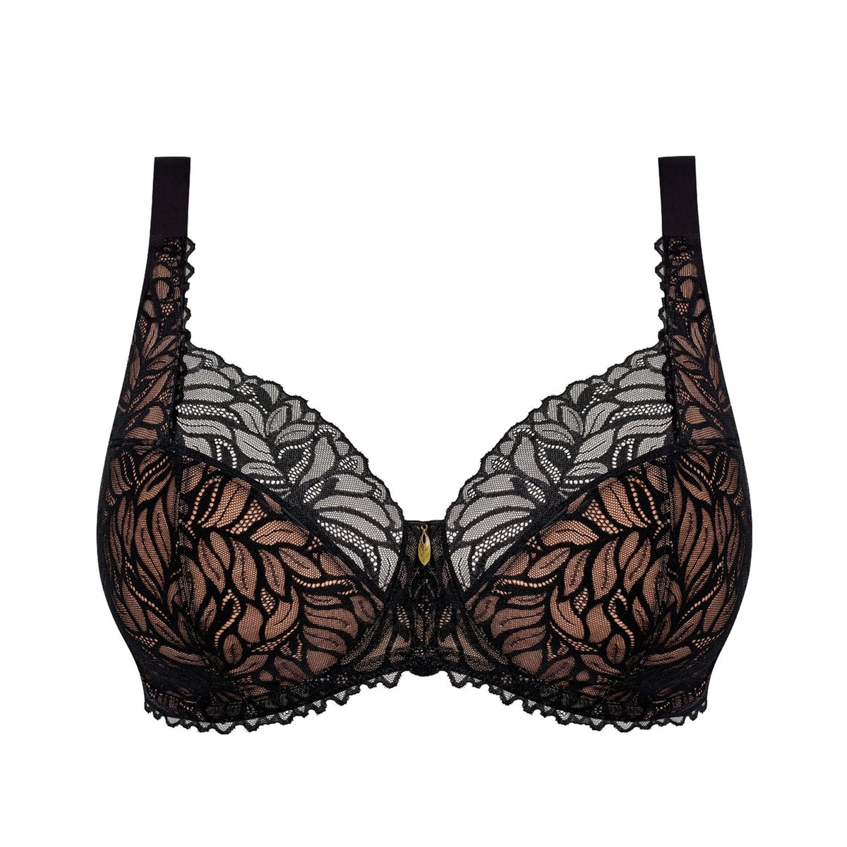 Black lace underwire bra with sheer floral lace cups, scalloped edges, and adjustable shoulder straps, shown against a plain white background.