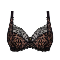 Black lace underwire bra with sheer floral lace cups, scalloped edges, and adjustable shoulder straps, shown against a plain white background.