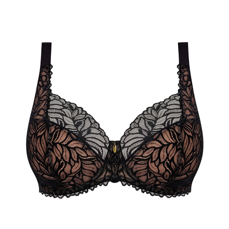 Black lace underwire bra with sheer floral lace cups, scalloped edges, and adjustable shoulder straps, shown against a plain white background.