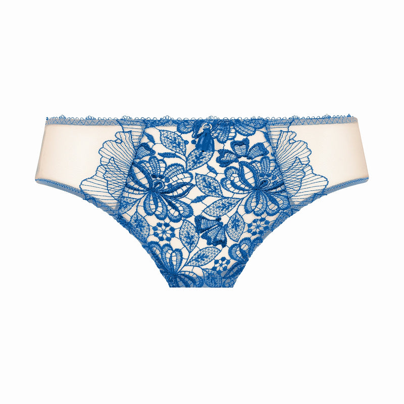 blue lace underwear on a white background