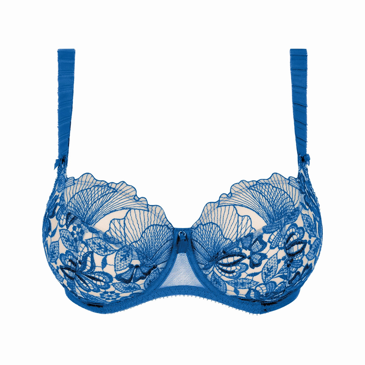 blue lace bra on a white background