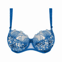blue lace bra on a white background