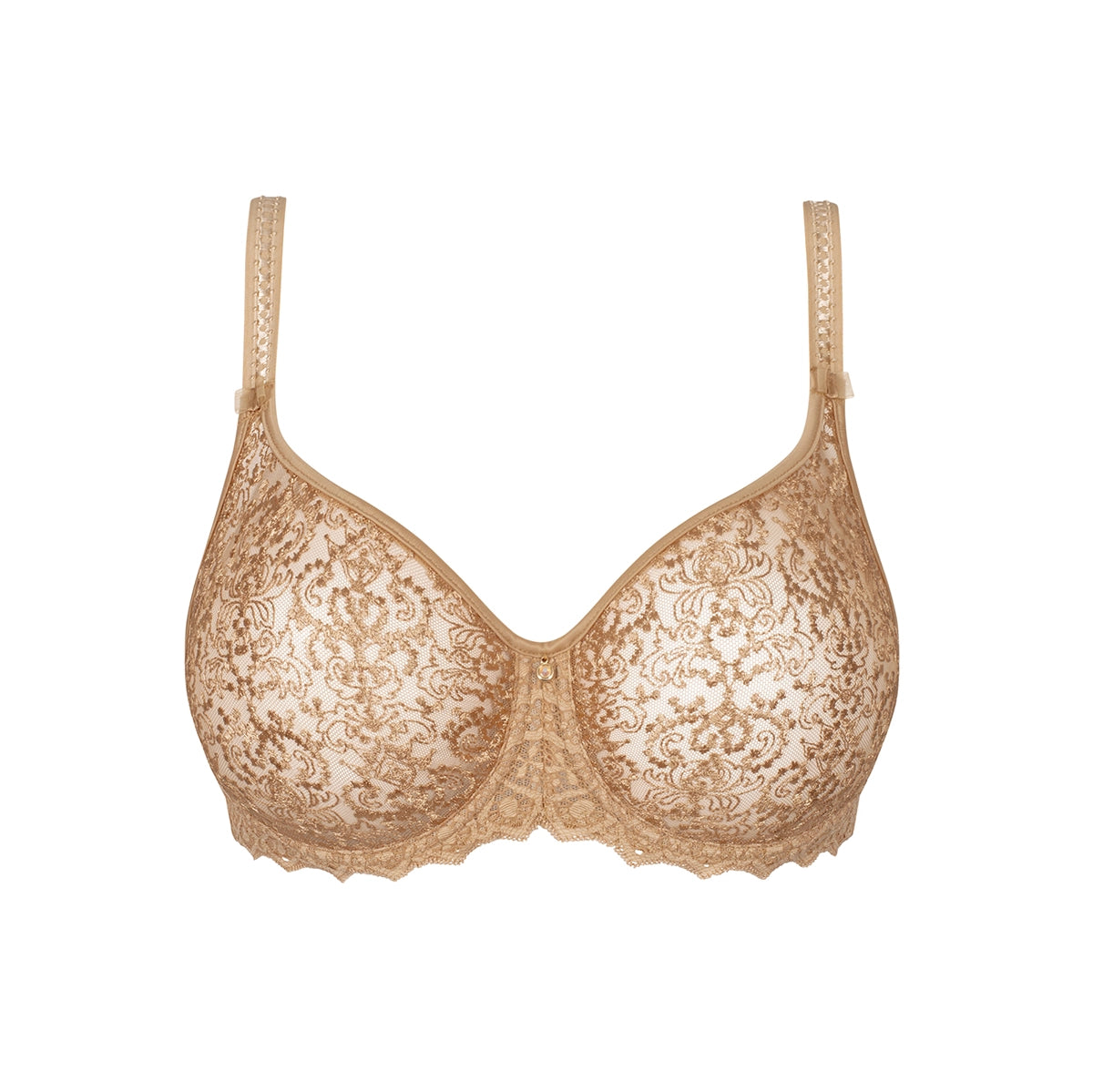 beige lace bra on a white background