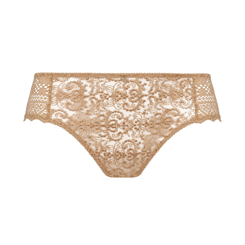 beige lace underwear on a white background