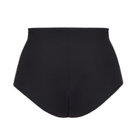black high-waisted swim bottoms on a white background