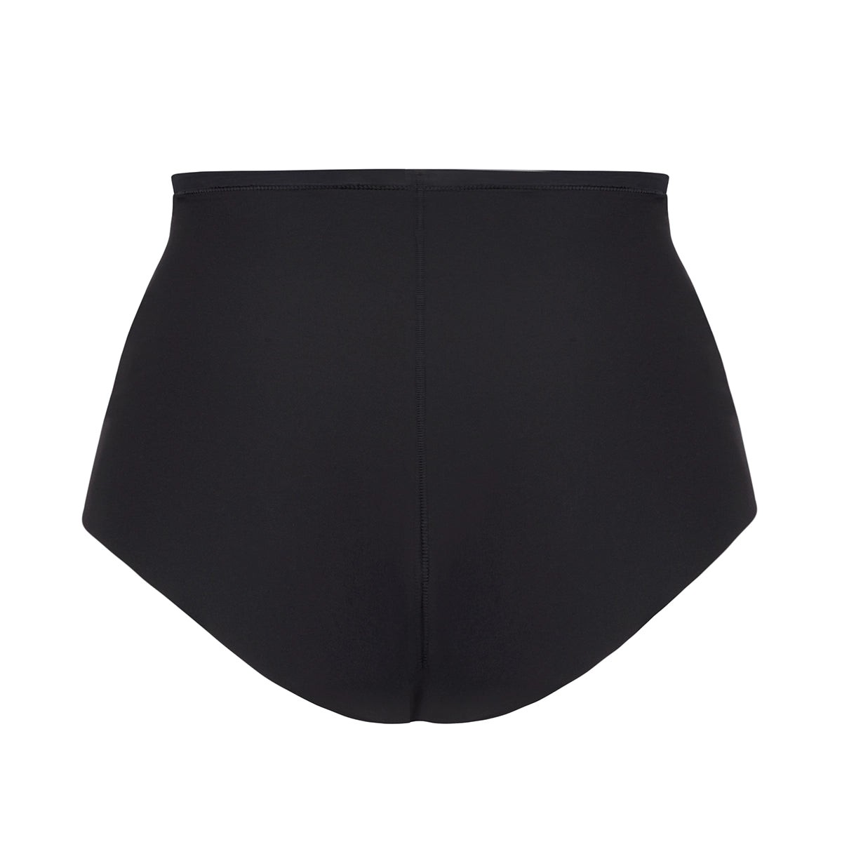 black high-waisted swim bottoms on a white background