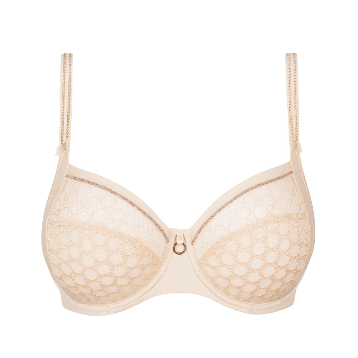 beige full cup underwired bra on a white background