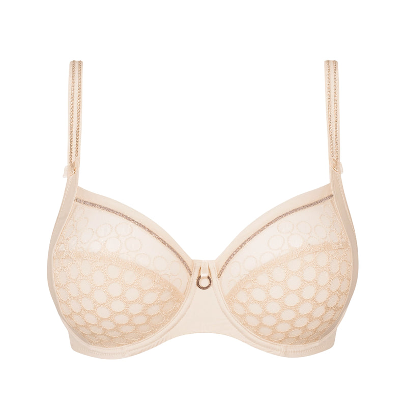 beige full cup underwired bra on a white background