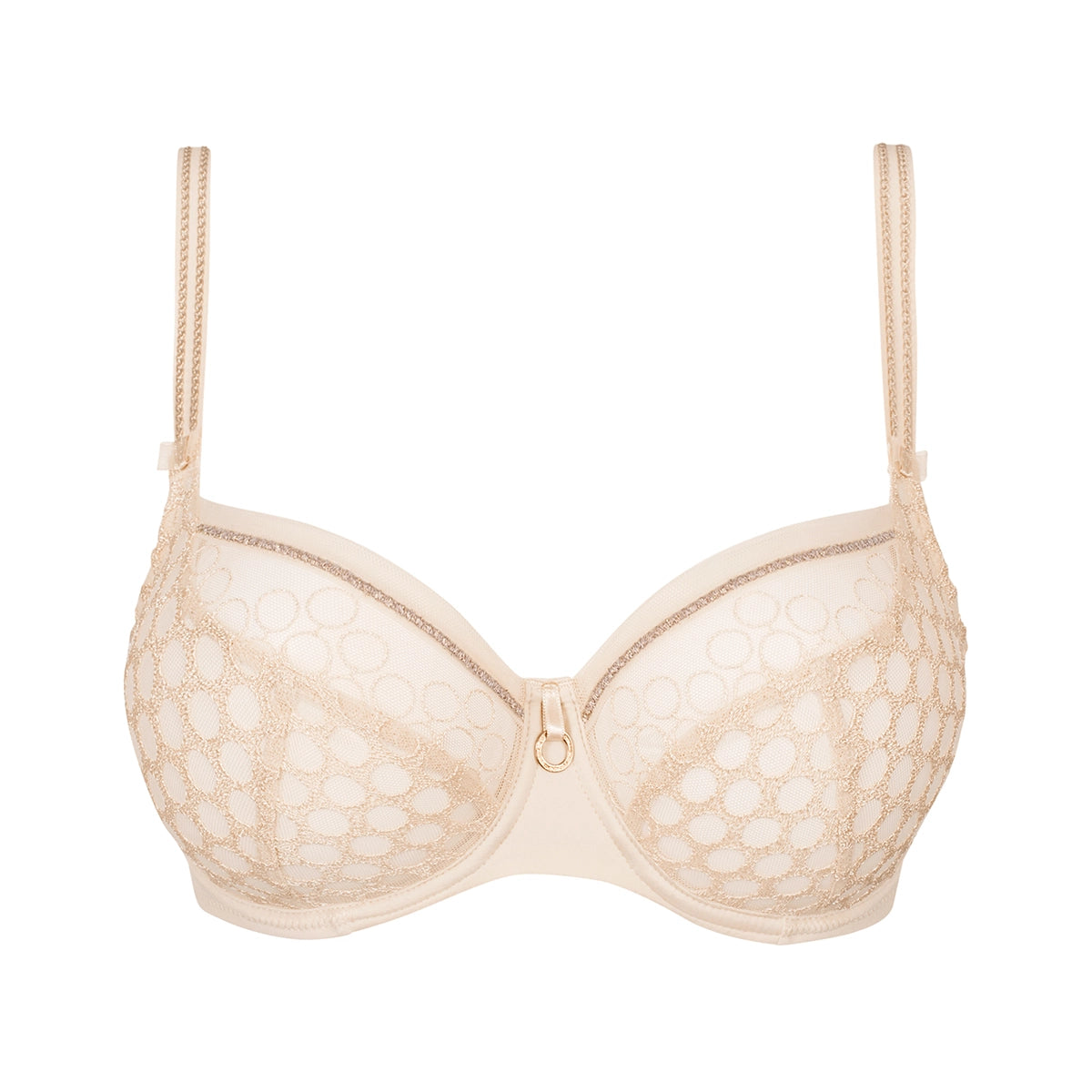 A beige underwire bra with a sheer floral lace pattern, featuring thin adjustable shoulder straps and a small gold ring closure at the center front, shown against a plain white background.