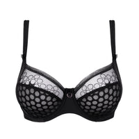 black bra with sheer mesh design on a white background