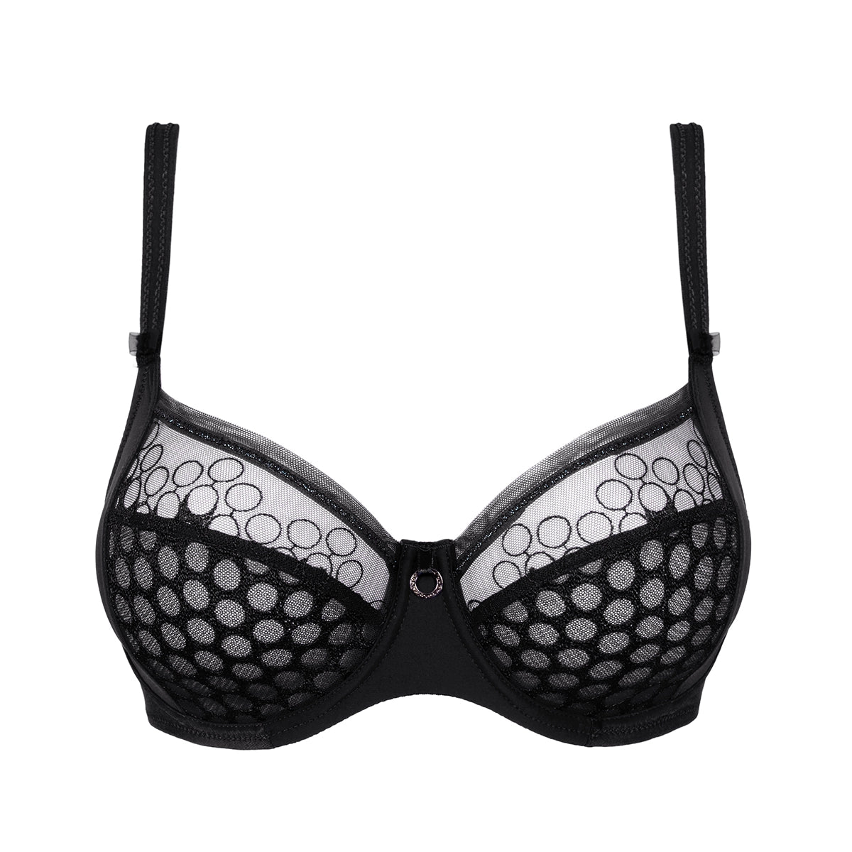 black bra with sheer mesh design on a white background