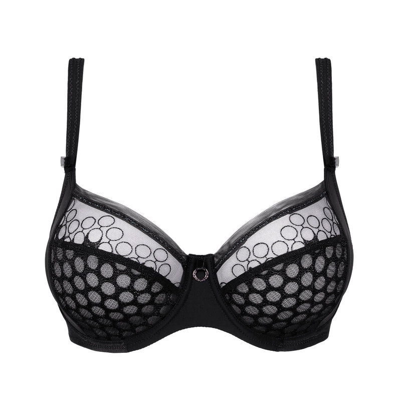 black bra with sheer mesh design on a white background