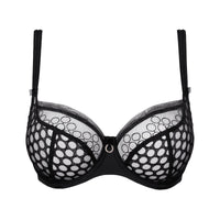 Black bra with mesh design on a white background