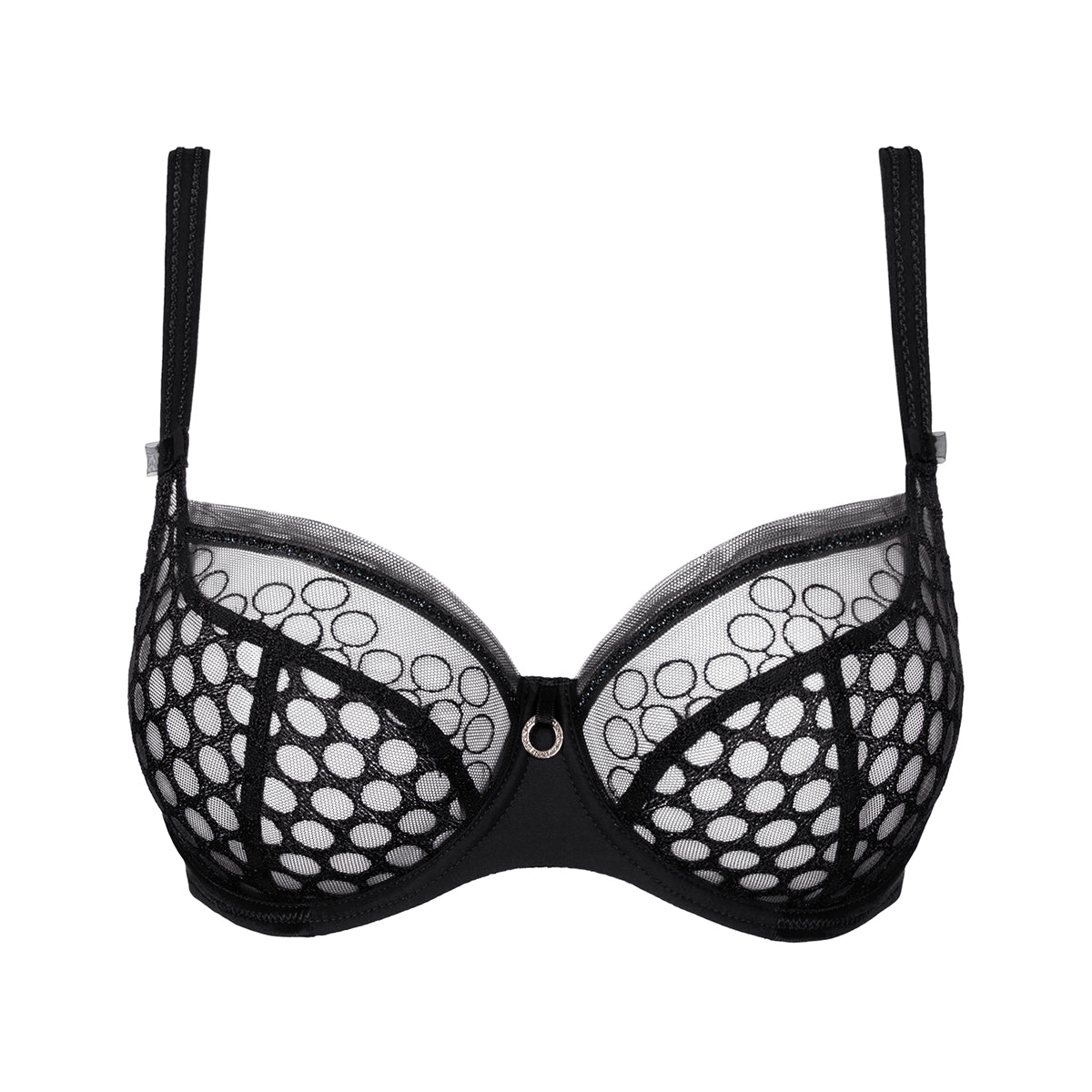 Black bra with mesh design on a white background