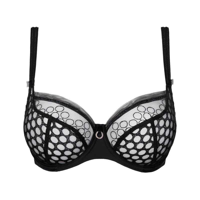 Black bra with mesh design on a white background