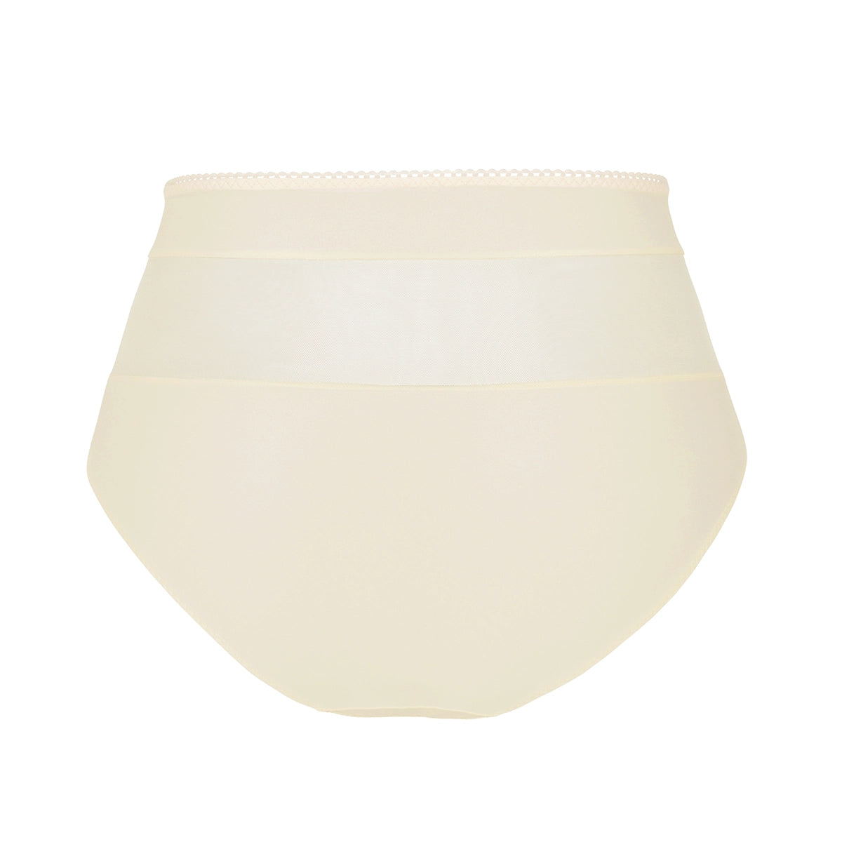 cream high-waisted briefs with a wide waistband and subtle lace trim, shown against a plain white background.