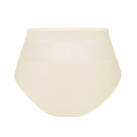 cream high-waisted briefs with a wide waistband and subtle lace trim, shown against a plain white background.
