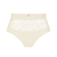 cream high-waisted briefs featuring a sheer floral lace panel across the front and a small gold ring detail at the center of the waistband, shown against a plain white background.