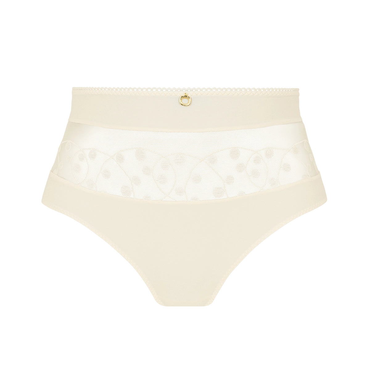 cream high-waisted briefs featuring a sheer floral lace panel across the front and a small gold ring detail at the center of the waistband, shown against a plain white background.