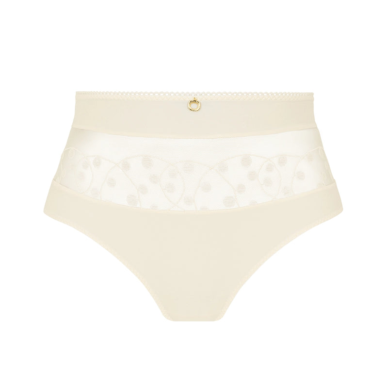 cream high-waisted briefs featuring a sheer floral lace panel across the front and a small gold ring detail at the center of the waistband, shown against a plain white background.