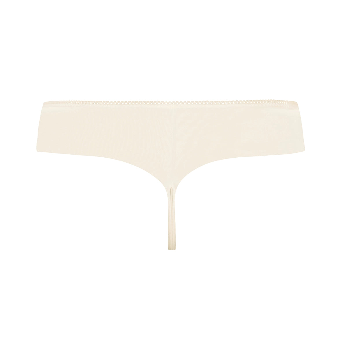 a single cream-colored thong underwear piece shown flat against a solid white background.