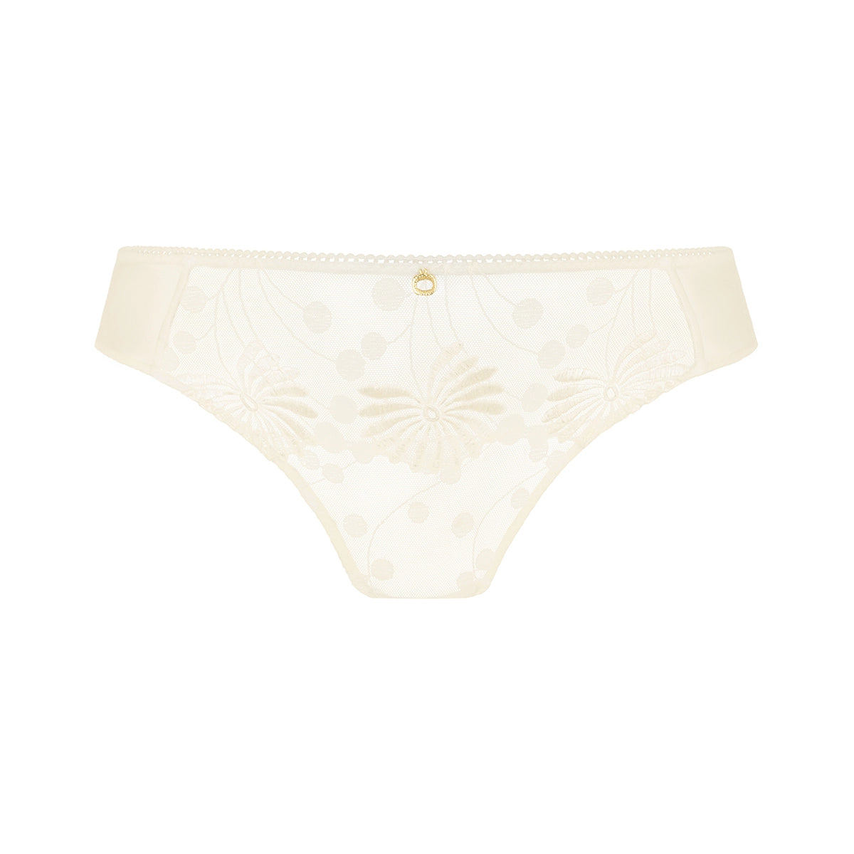 cream lace thong underwear with floral embroidery and a small gold button at the center front, shown on a plain white background.