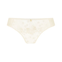 cream lace thong underwear with floral embroidery and a small gold button at the center front, shown on a plain white background.