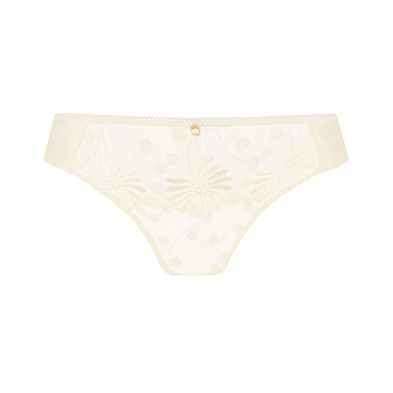 cream lace thong underwear with floral embroidery and a small gold button at the center front, shown on a plain white background.