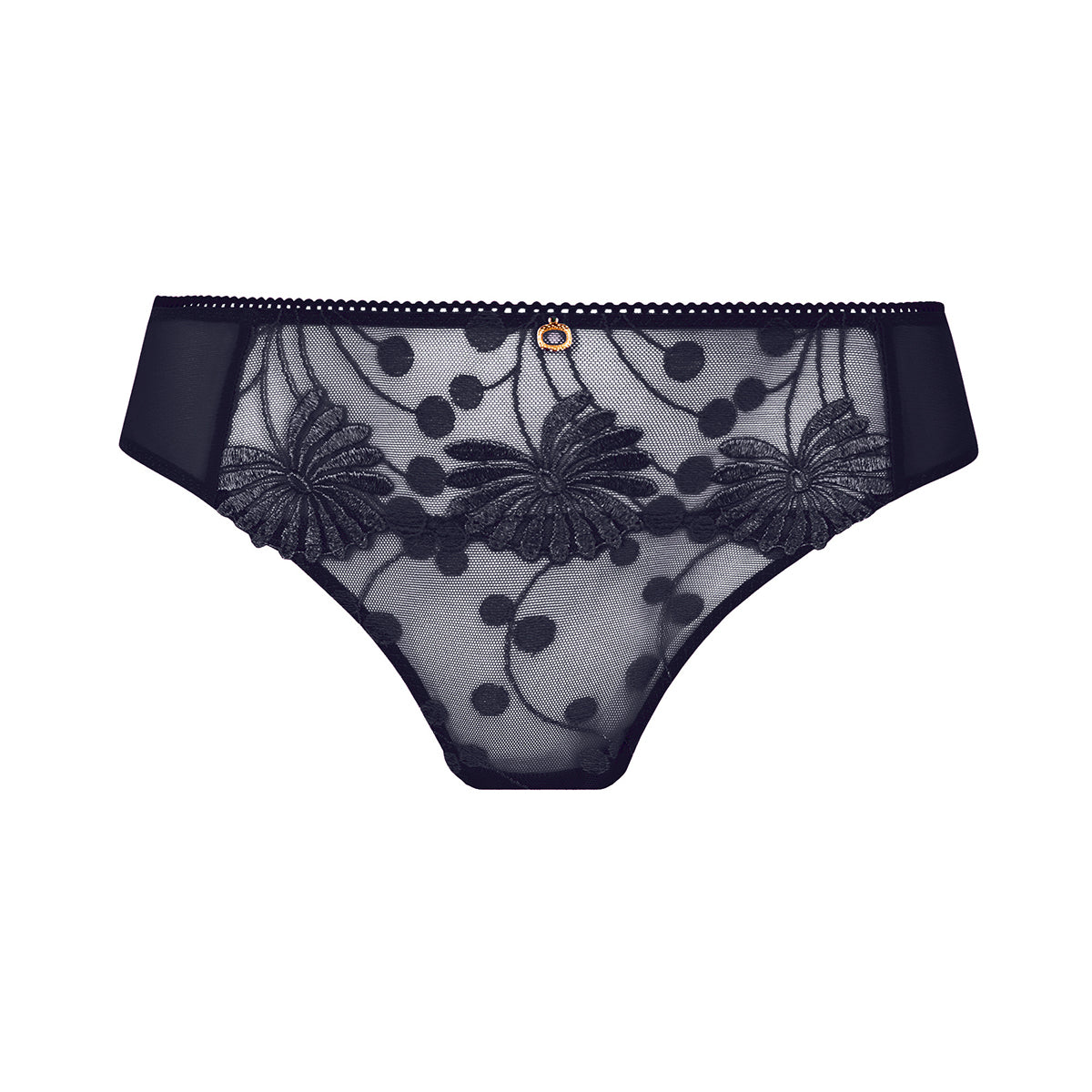navy lace underwear with floral designs on a white background
