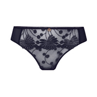 navy lace underwear with floral designs on a white background