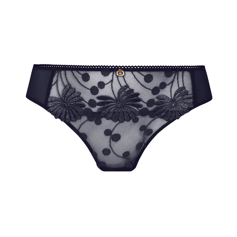 navy lace underwear with floral designs on a white background
