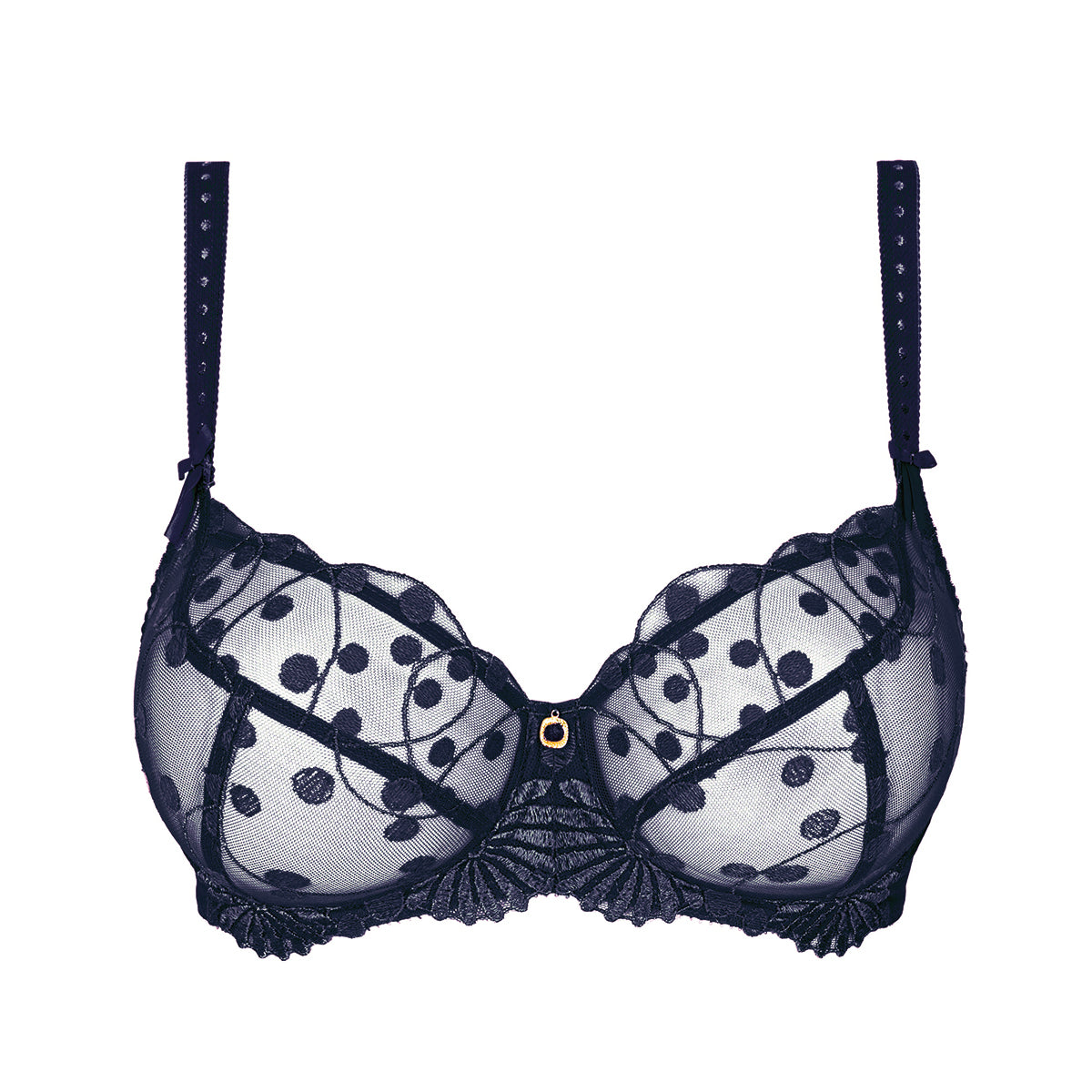 navy blue bra with floral lace details on a white background