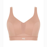 beige sports bra with brand logo on a white background