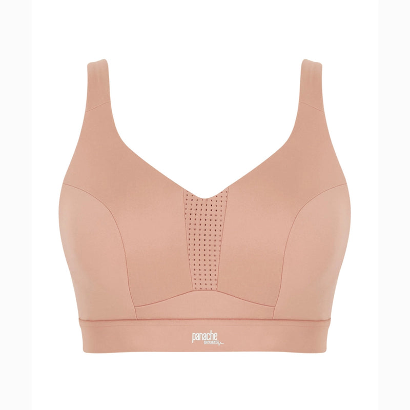 beige sports bra with brand logo on a white background