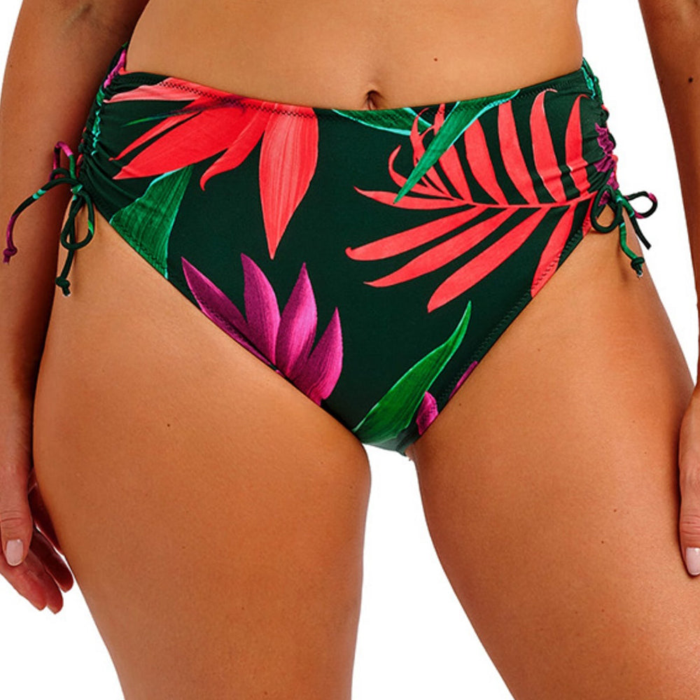 tropical leaf patterned bikini bottom on a white background
