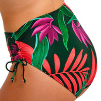tropical leaf patterned high-waisted bikini bottom on a white background