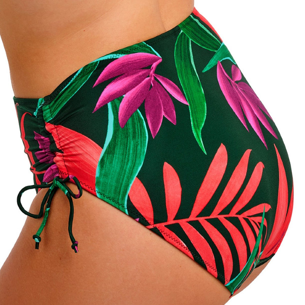 tropical leaf patterned high-waisted bikini bottom on a white background