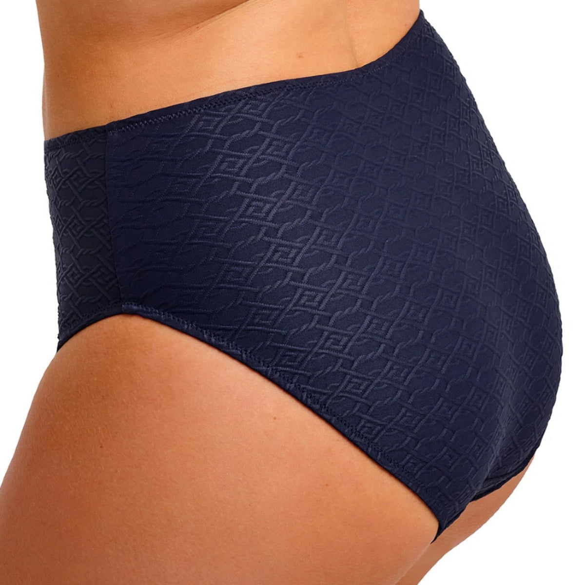 navy blue textured high-waisted bikini bottom on a white background