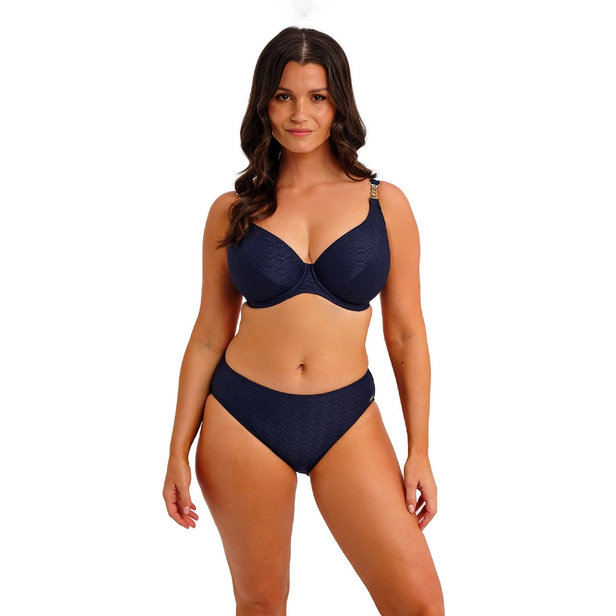 woman wearing a navy blue bikini on a white background