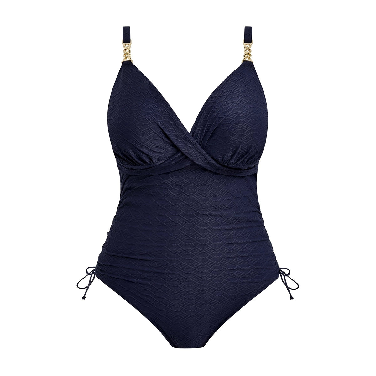 navy blue swimsuit with gold accents on a white background