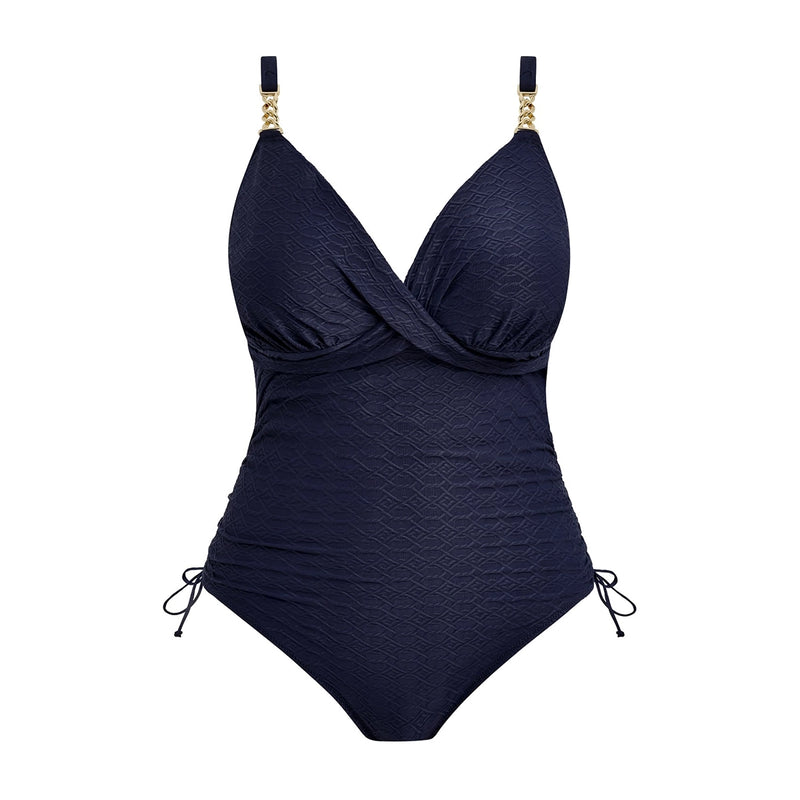 navy blue swimsuit with gold accents on a white background