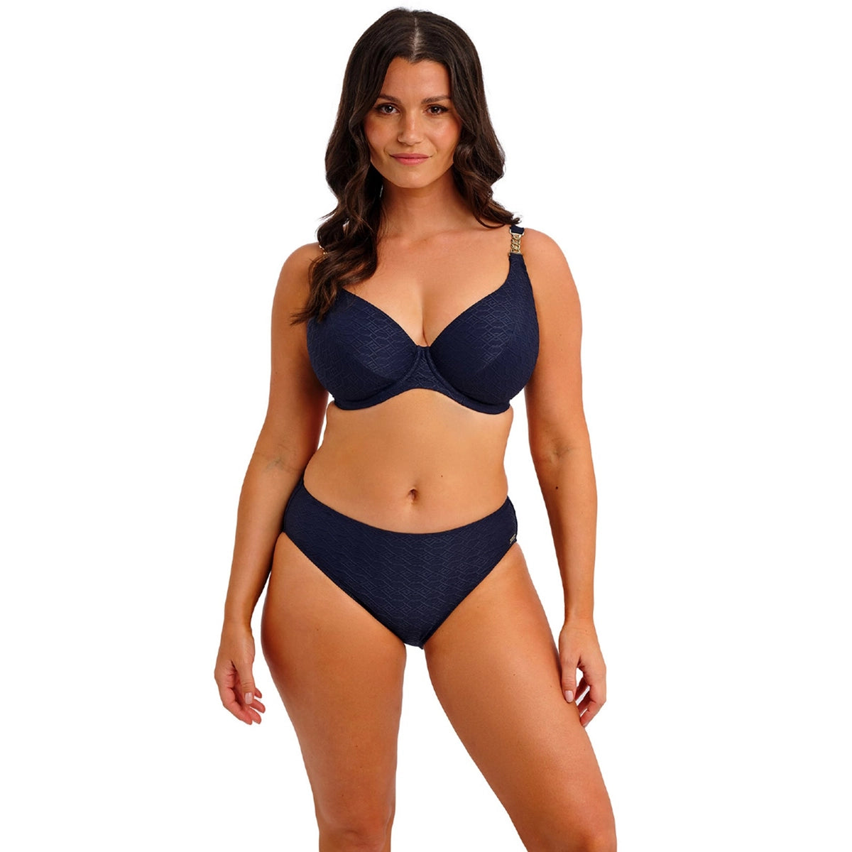 woman wearing a navy blue bikini on a white background