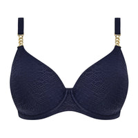 navy blue bra with gold accents on a white background